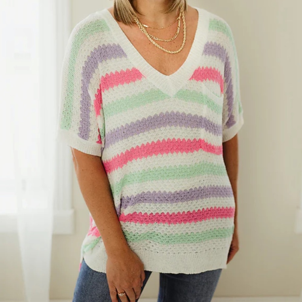 BiBi Multicolor Striped Short Sleeve Knit Top